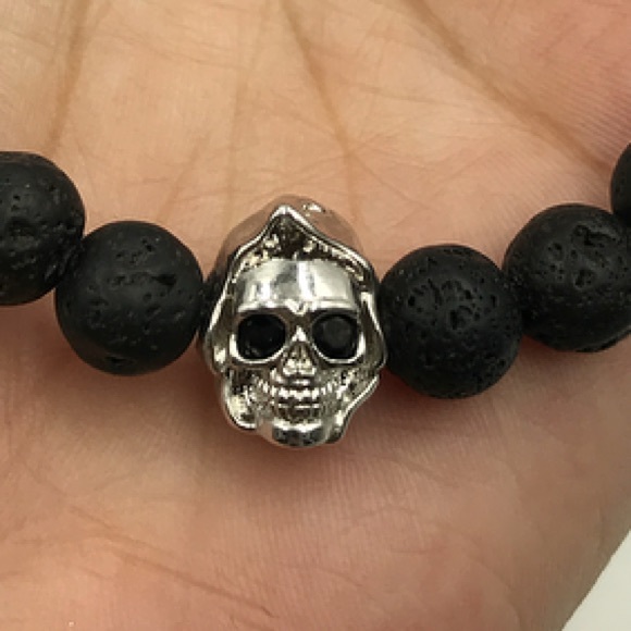 Genuine Lava rock gold plated cz skull bracelet - Picture 3 of 8